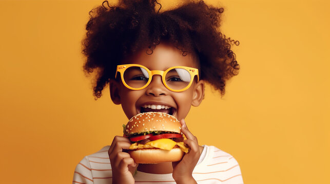 African American Child Eating Hamburger 