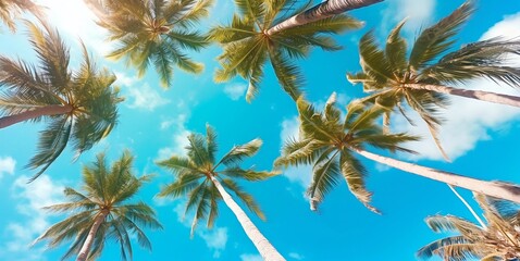 View from below on tropical palms on sunny summer day with blue sky.AI Generative