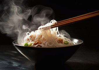 Chopsticks holding noodles in bowl with steam on dark background.Macro.AI Generative