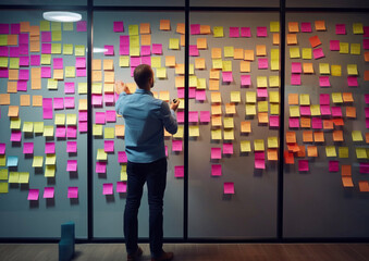 Office worker looking at sticky notes on wall and generating new plan or idea.Macro.AI Generative