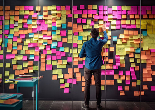Office worker putting sticky notes on wall, having new idea or business plan.Rear view.AI Generative - Powered by Adobe
