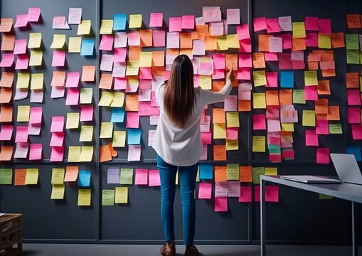 Young girl putting sticky notes on wall and generating new plan or idea.Macro.AI Generative