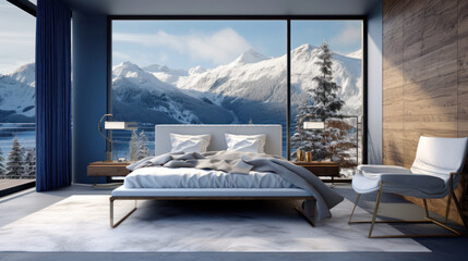 3D rendering of a modern bedroom with alps view.  Ai generative.