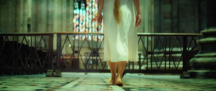 Wandering pilgrim woman visiting church. Barefoot tramp girl looking for God in temple. Parishioner walks along the pews.