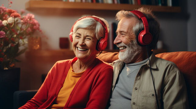 Senior Mature Couple Wearing Headphones Sits On The Sofa Listening To The Music Together. Happy Retired People Enjoy Modern Ways Of Spending Their Leisure Time. New Trends And Technology For All Ages.