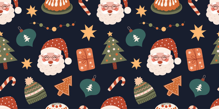 Cute seamless pattern with santa claus and Christmas decor