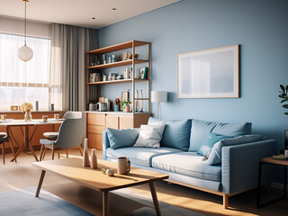 Tranquil appartment blue room. AI Generation.