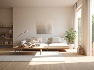 A minimalist white apartment with thoughtfully arranged furniture. AI Generation.