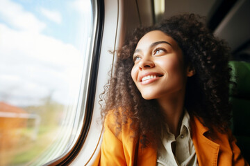Passenger person young portrait tourist journey female transportation train women beauty trip window traveling