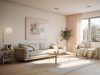 A white-walled apartment adorned with chic furniture and room details. AI Generation.