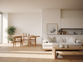 An inviting white apartment with stylish furniture and room accents. AI Generation.