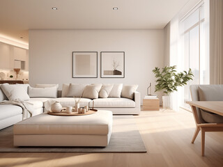 A well-appointed white apartment filled with modern furniture. AI Generation.