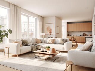 Fototapeta premium A bright and airy apartment featuring tasteful interior design. AI Generation.