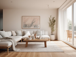A pristine white apartment with minimalist furniture and room decor. AI Generation.