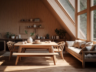 Fototapeta na wymiar Warm, wood-themed apartment interior with tasteful room decor. AI Generation.