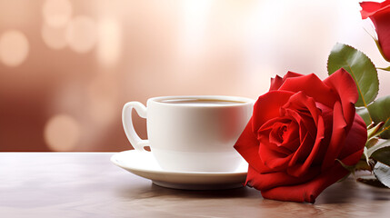 Fototapeta na wymiar Black Coffee and a Red Rose on a White Table - A Valentine's Morning Coffee, Roses, and Romantic background generative ai
