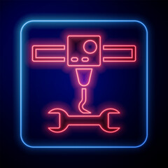 Glowing neon 3D printer wrench spanner icon isolated on black background. 3d printing. Vector