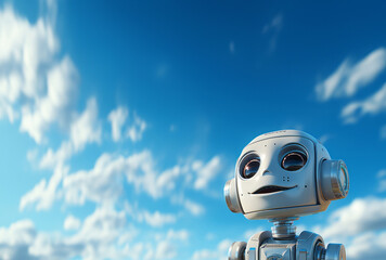 Happy robot looking at sky. Fresh air. Tech meeting nature concept.