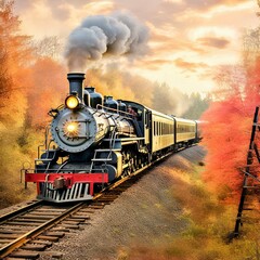 Fototapeta premium old train going through autumn forest 