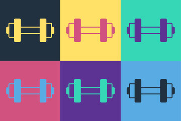Pop art Dumbbell icon isolated on color background. Muscle lifting, fitness barbell, sports equipment. Vector
