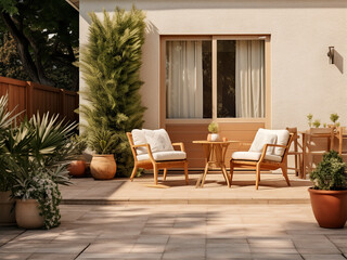 A tranquil beige backyard exterior with a modern design. AI Generation.