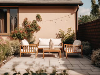 Modern beige backyard exterior with a sleek design. AI Generation.