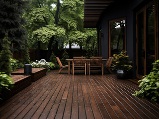 Obraz premium Enjoy the warmth of a dark wood backyard exterior, AI Generation.