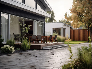 Contemporary grey backyard exterior for a cozy home. AI Generation.