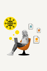 Vertical creative collage image of young businesswoman female sitting armchair working remotely netbook icon documents signs designer