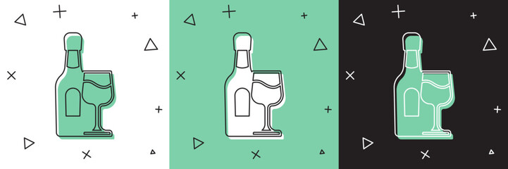 Set Wine bottle with glass icon isolated on white and green, black background. Vector