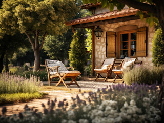 Obraz premium Quaint Provence backyard exterior, inviting house. AI Generation.