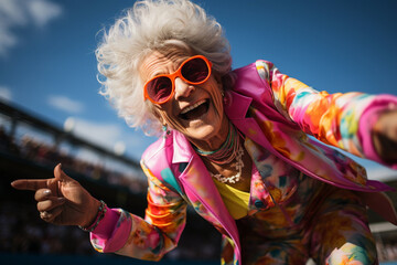 Carefree positive dancing pensioner wear trendy colourful outfit. Youthful smiling and stylish senior old woman with extravagant clothes and sunglasses. LGBTQ people and lifestyle concept. - obrazy, fototapety, plakaty