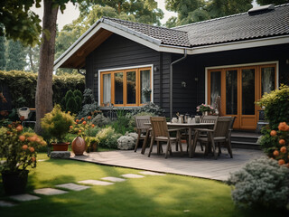 Serene backyard exterior with a cozy feel. AI Generation.