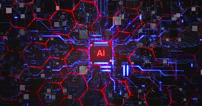 Artificial Intelligence Powered Computer System. Glowing AI Text On The Chip. Technology Related 3D 4K Abstract Animation.