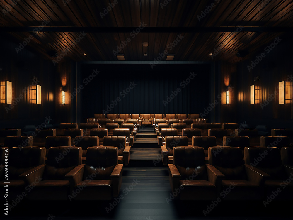 Wall mural A cozy, dimly lit dark wood cinema room with stylish room. AI Generation.