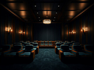 Naklejka premium Exquisite dark wood cinema room featuring lavish furniture and exquisite interior. AI Generation.
