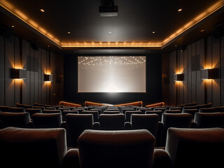 Comfortable grey cinema room with contemporary furniture. AI Generation.