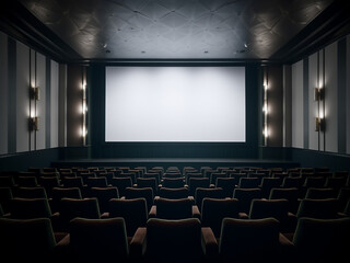 An elegant white cinema room with chic interior design. AI Generation.