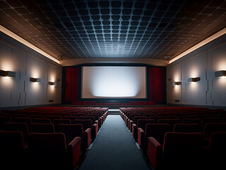 An all-white cinema room with comfortable furniture. AI Generation.