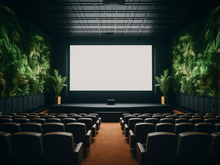 A modern white cinema room with minimalist room decor. AI Generation.