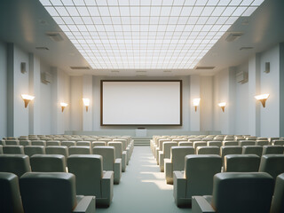 A pristine white cinema room with elegant furniture. AI Generation.
