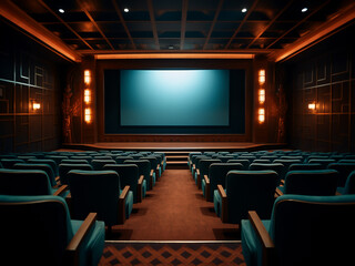 Warmly lit wood cinema room with cozy furniture. AI Generation.