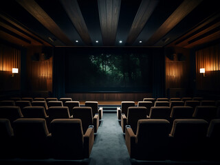 Spacious wood cinema room adorned with stylish furniture. AI Generation.
