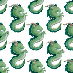 green asian dragon symbol of 2024 year. Chinese traditional cartoon character. Monster. Seamless pattern, endless design