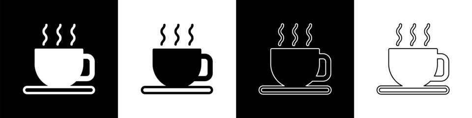 Set Cup of tea icon isolated on black and white background. Vector