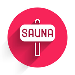 White Sauna icon isolated with long shadow background. Red circle button. Vector
