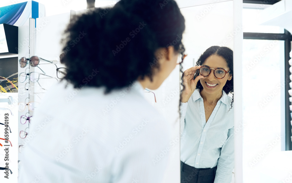 Poster optometry store, mirror or happy woman with glasses, lens frame or retail decision for eyewear, visi