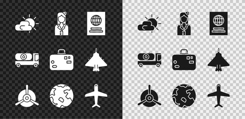 Set Sun and cloud weather, Stewardess, Passport, Plane propeller, Worldwide, Fuel tanker truck and Suitcase icon. Vector