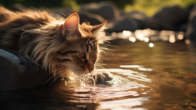Domestic cat drinking water directly from a river. Kitten importance of staying hydrated for overall health and wellness. Pets access to fresh, clean water, which is vital for wellbeing.