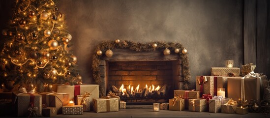 Christmas themed room adorned with presents and a crackling fireplace perfect for a festive setting